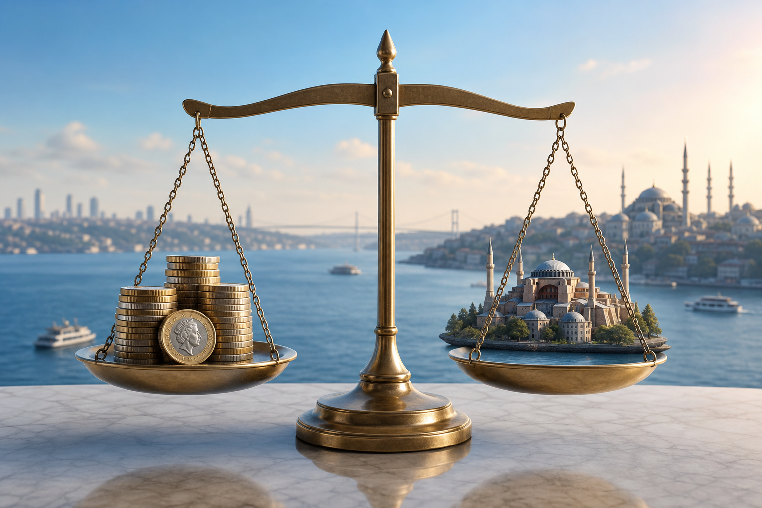 Balance comparant des pièces en euros face aux toits d'Istanbul — comparatif du prix d'une greffe de cheveux