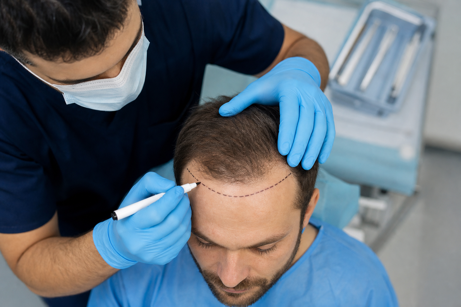 Chirurgien planifiant la ligne frontale d'une greffe de cheveux hybride chez EsteCenter Istanbul